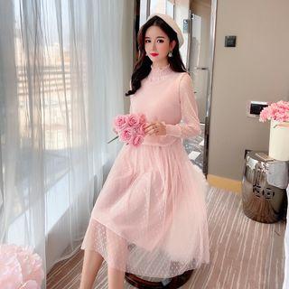 Set: Long-sleeve A-line Midi Lace Dress + Furry Vest