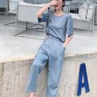 Set: Short-sleeve Back-button Blouse + Wide Leg Pants