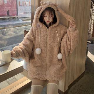 Fleece Hooded Jacket Light Brown - One Size