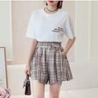 Set: Lettering Short-sleeve T-shirt + Plaid Culottes