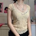 Plain Lace V Neck Short Sleeve Top