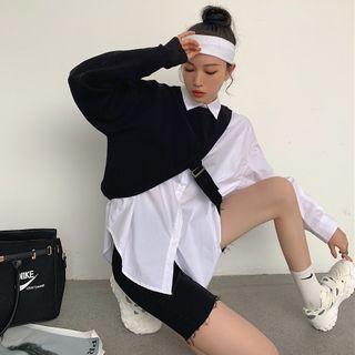 Set: Knit Top + Shirt Top - Black - One Size / Shirt - White - One Size