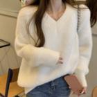 Furry V-neck Plain Sweater