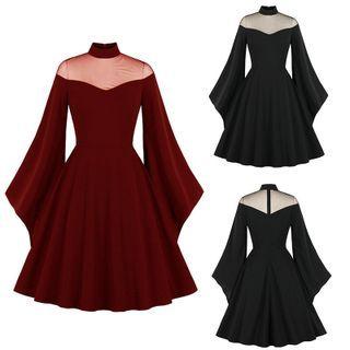 Bell-sleeve Mock-neck Mesh Panel A-line Dress