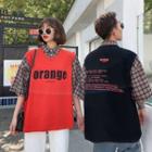 Couple Matching Mock Two-piece 3/4-sleeve Plaid Paneled Letter Top