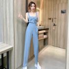 Sleeveless Denim Straight Leg Jumpsuit