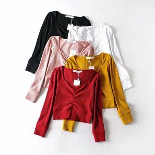 Ruched Long-sleeve Ribbed Cropped Top