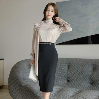 Set: Mock-neck Tie-front Blouse + Midi Pencil Skirt