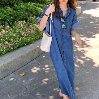 Oversize Single-breasted Denim Shirtdress As Shown In Figure - One Size