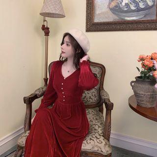 Retro Wind Red Velvet Dress Wine Red - One Size
