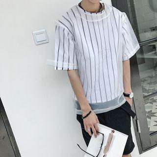 Mesh Overlay Striped Elbow Sleeve T-shirt