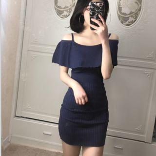 Short-sleeve Off-shoulder Layered Knit Dress