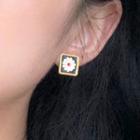 Glaze Flower Earring 1 Pair - 0675a - Silver Needle Earring - White & Gold & Dark Blue - One Size