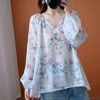 Elbow-sleeve Linen Top Blue & Pink Flower - White - One Size