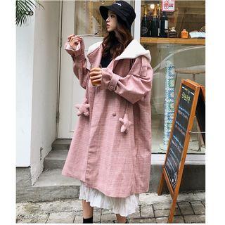 Hooded Double-breasted Plaid Coat