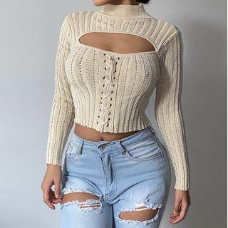 Mock-neck Lace-up Knit Top Champagne - One Size