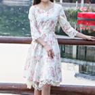 Floral Print 3/4 Sleeve Lace Hem Dress