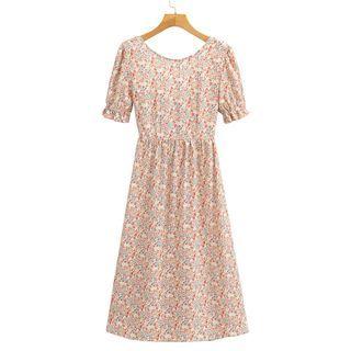 Short-sleeve Open-back Tie-accent Floral Dress