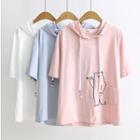 Elbow-sleeve Bear Embroidered Hooded T-shirt