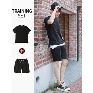 Set: Round-neck Short-sleeve T-shirt + Drawstring-waist Sweat Shorts