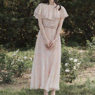 Short-sleeve Floral Ruffled A-line Maxi Dress