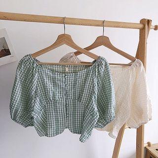 Single-breasted Plaid Off-shoulder Puff-sleeve Blouse