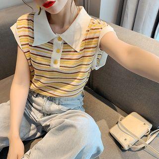 Cap-sleeve Striped Knit Polo Shirt