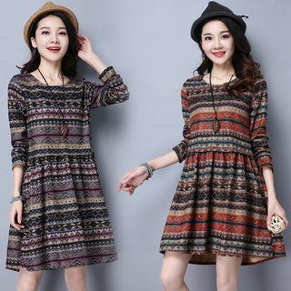 Long-sleeve Tribal Printed A-line Dress