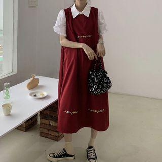 Ruffled Short-sleeve Shirt / Flower Embroidered Midi A-line Pinafore Dress