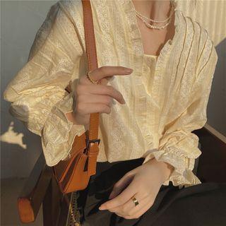 Flared-cuff Floral Embroidered Blouse Beige - One Size