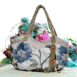 Flower Print Woven Handle Shoulder Bag Khaki - One Size