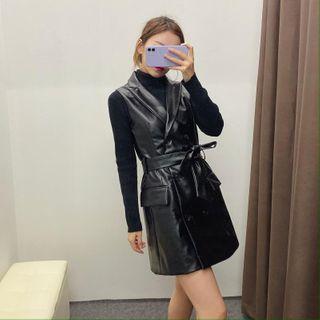 Double-breasted Faux Leather Pinafore Dress