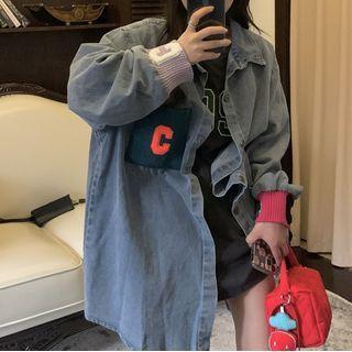 Letter Embroidered Denim Shirt Blue - One Size