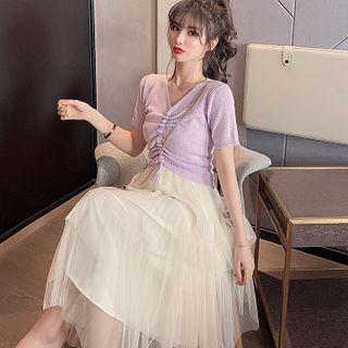 Set: Short-sleeve Drawstring Knit Top + Sleeveless Layered Mesh Dress