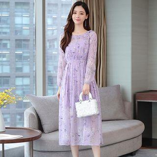 Set: Slipdress + Flower Print Long-sleeve Midi A-line Dress