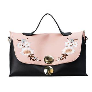 Flower Embroidered Color Panel Handbag