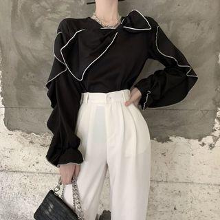 Long Sleeve Ruffle Trim Bow Detail Blouse