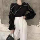 Long Sleeve Ruffle Trim Bow Detail Blouse