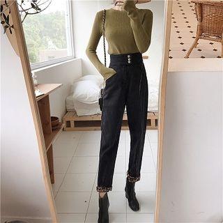 Leopard Print Trim Straight Fit Cropped Jeans