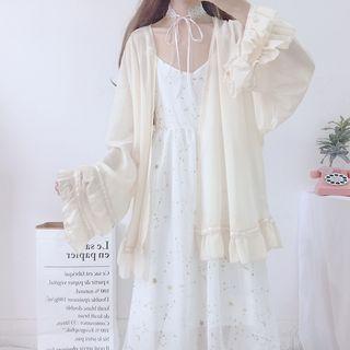 Spaghetti-strap Star Print Dress / Frill Trim Chiffon Jacket