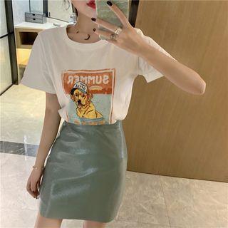 Short-sleeve Dog Print T-shirt / Faux Leather Mini A-line Skirt