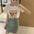 Short-sleeve Dog Print T-shirt / Faux Leather Mini A-line Skirt