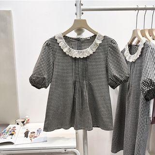 Puff Sleeve Lace Trim Check Blouse