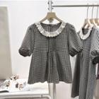 Puff Sleeve Lace Trim Check Blouse
