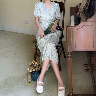 Short-sleeve Floral Chiffon Frill Trim A-line Midi Dress