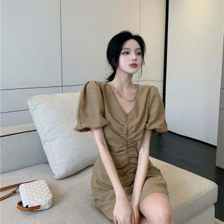 V-neck Plain Pleated Drawstring A-line Mini Dress