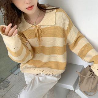 High-waist Lace-up Striped Knit Sweater