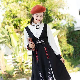 Long-sleeve Embroidered Mock Two-piece Dress