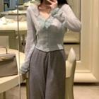 Lace Trim V-neck Button-up Knit Top / Long Cardigan / Wide Leg Knit Pants