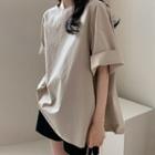 Oversize Short-sleeve Plain T-shirt Khaki - One Size
